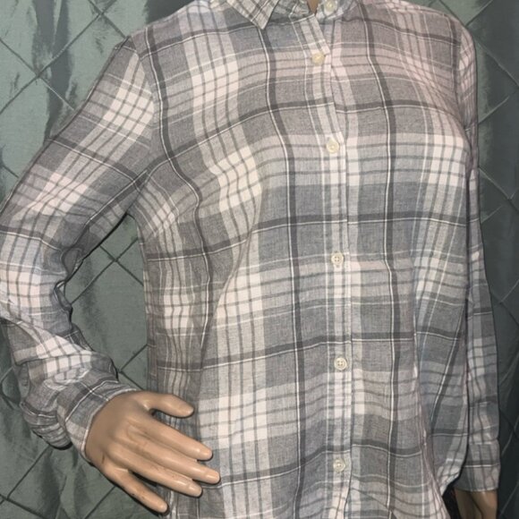 Old Navy Women Small Classic Plaid Grey White Button Up Long Sleeve Shirt (GS3) - Picture 3 of 7